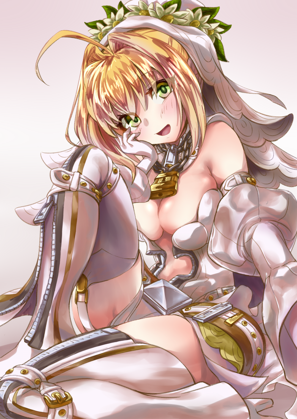 10s 1girl :d ahoge bangs bare_shoulders belt blonde_hair blush breasts chains cleavage fate/extra fate/extra_ccc fate_(series) gloves green_eyes highres large_breasts lock looking_at_viewer open_mouth padlock saber_bride saber_extra self_shot sitting smile solo thigh-highs urayama_(backmountain) veil white_gloves white_legwear zipper