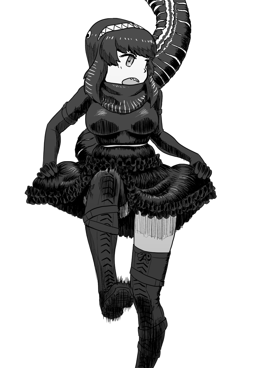 1girl boots cowboy_shot dancing elbow_gloves gloves godzilla godzilla_(series) greyscale hair_ornament hairband highres holding_skirt kemono_friends kishida_shiki knee_up lifted_by_self looking_to_the_side monochrome motion_lines open_mouth personification shin_godzilla shirt short_hair skirt skirt_lift solo tail thigh-highs thigh_boots zettai_ryouiki