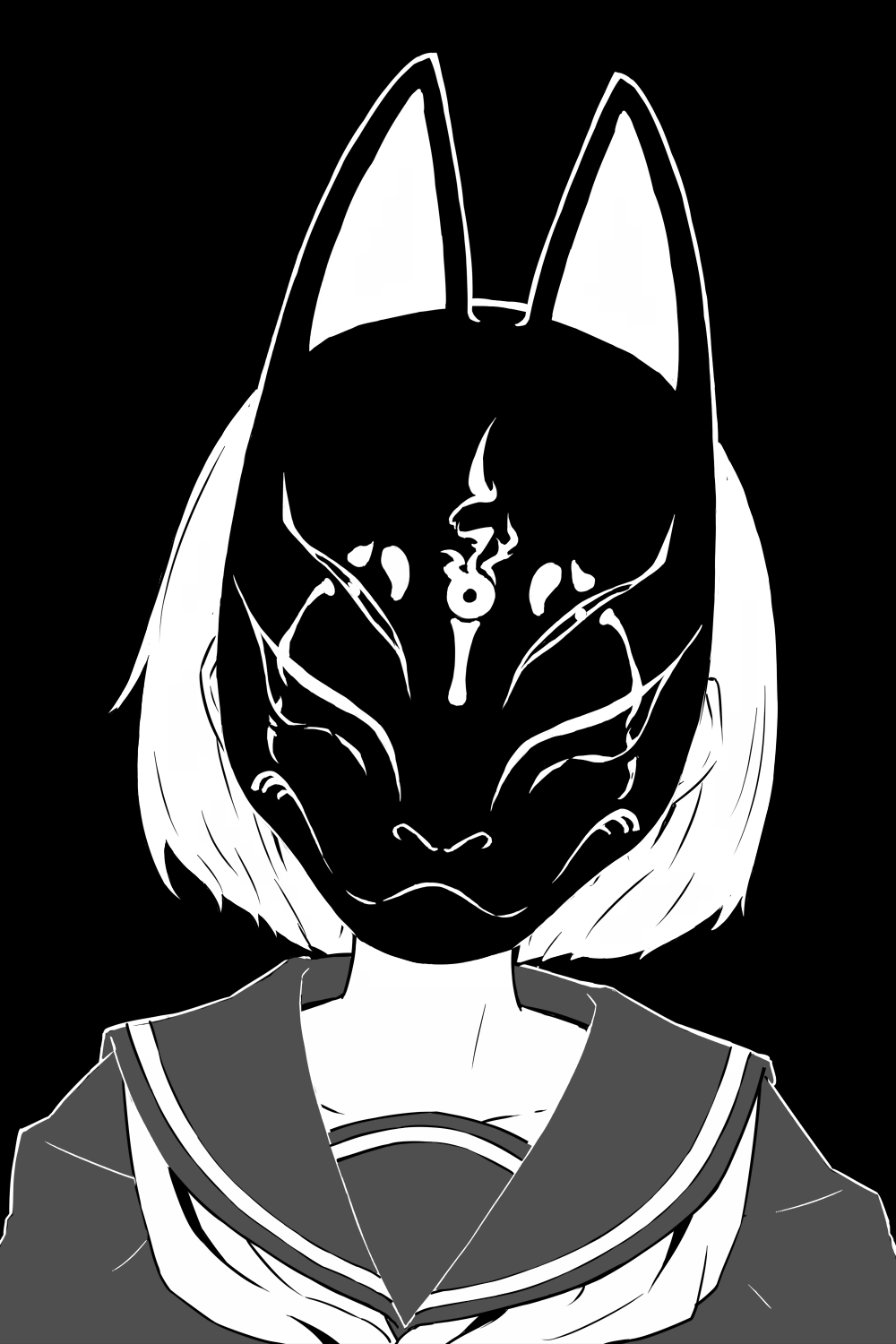 1girl animal_ears black_background facing_viewer fake_animal_ears fox_ears fox_mask greyscale highres jaco mask monochrome neckerchief negative original school_uniform serafuku short_hair simple_background solo