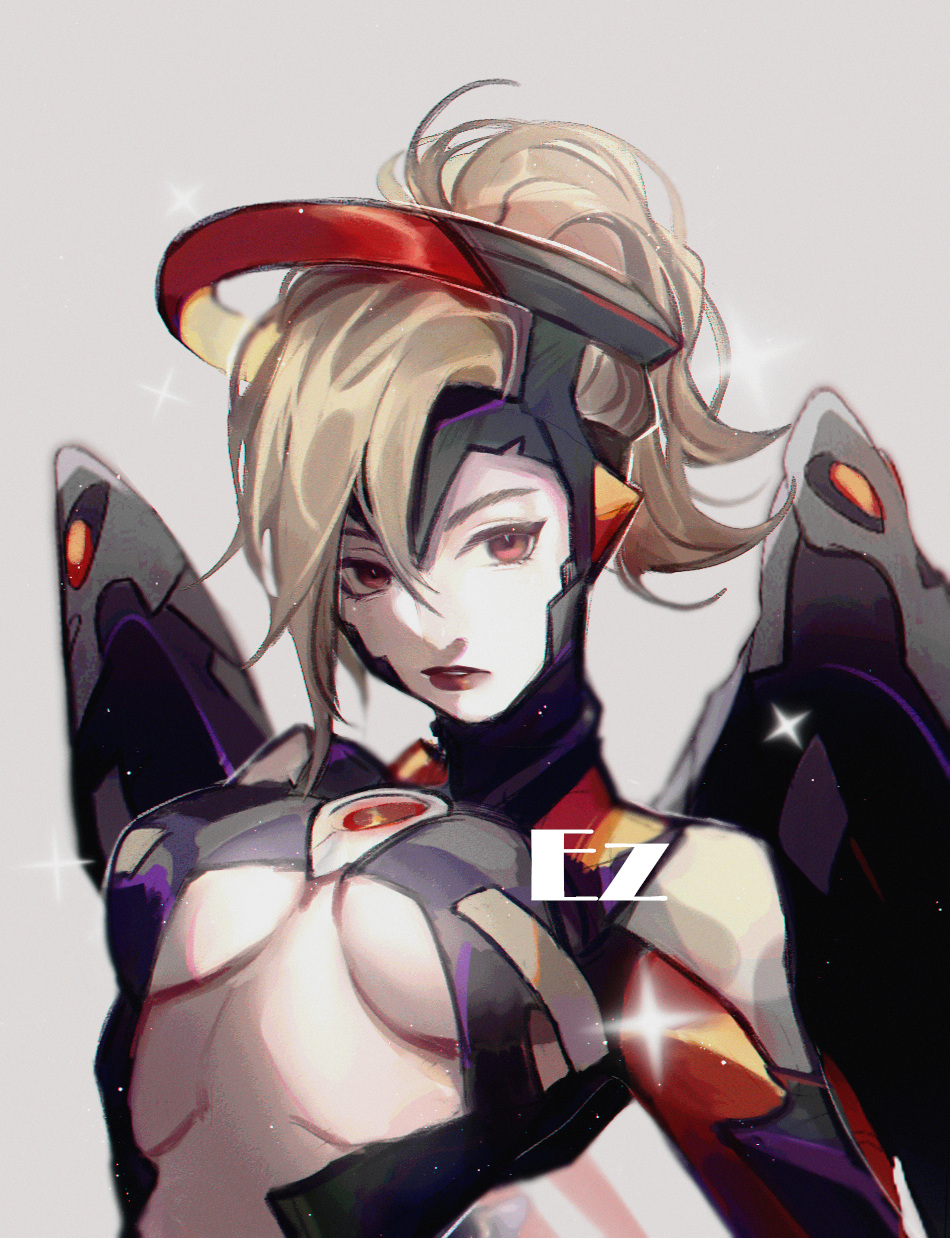 1girl alternate_costume alternate_eye_color arched_back blonde_hair bodysuit breasts breasts_apart center_opening commentary_request eyeliner ez_1011 grey_background headgear high_ponytail highres lips long_sleeves looking_at_viewer makeup mechanical_halo mechanical_wings medium_breasts mercy_(overwatch) nose overwatch parted_lips ponytail red_lips short_hair simple_background solo sparkle spread_wings turtleneck upper_body wings