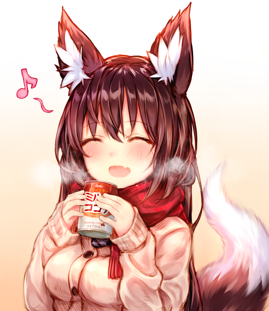1girl ^_^ animal_ears bangs beige_background blush breasts brown_hair cardigan closed_eyes eyebrows_visible_through_hair fang fox_ears fox_girl fox_tail fringe gradient gradient_background hair_between_eyes highres hot_chocolate long_hair medium_breasts musical_note open_mouth original quaver red_scarf scarf sleeves_past_wrists smile solo steam sukemyon tail upper_body
