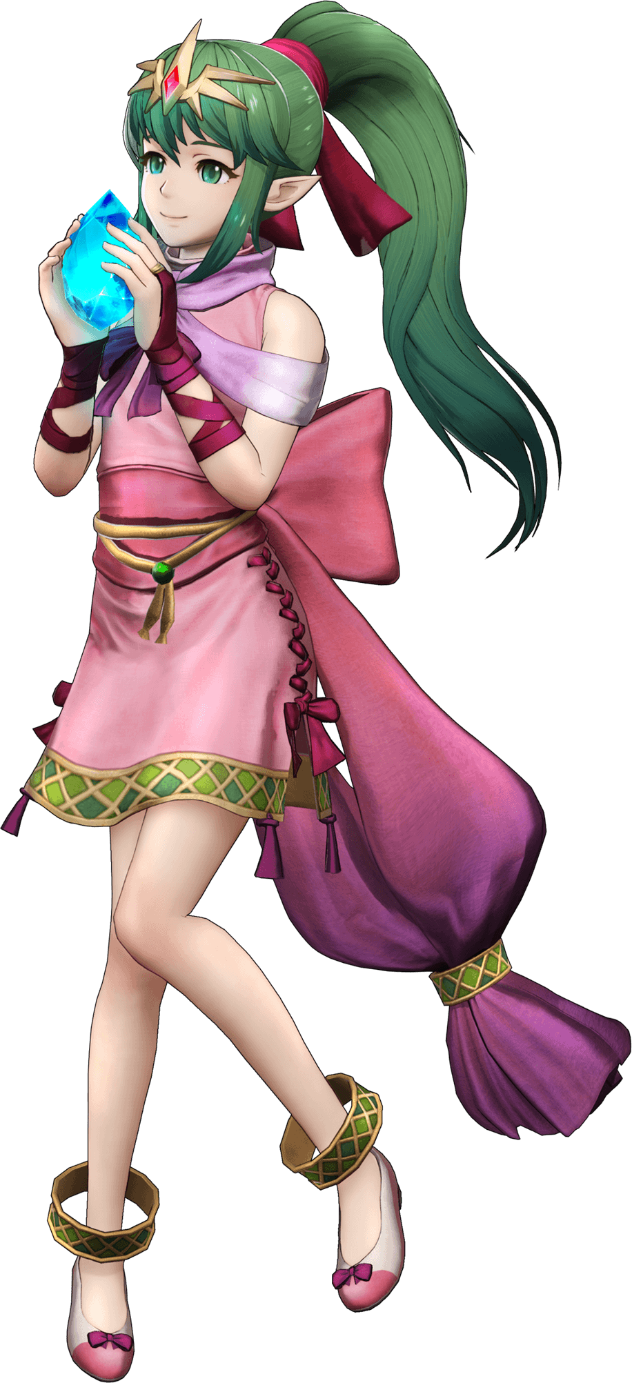 1girl bangs bare_shoulders bridal_gauntlets chiki crystal dress fire_emblem fire_emblem:_mystery_of_the_emblem fire_emblem_musou full_body green_eyes green_hair highres jewelry long_hair looking_away official_art pink_dress pointy_ears ponytail shoes short_dress smile solo tiara transparent_background