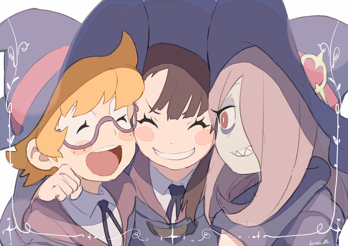 3girls arm_over_shoulder artist_name blush_stickers border brown_hair cheek-to-cheek commentary glasses grin hair_over_one_eye hand_on_another's_shoulder hands_on_another's_shoulders hat kagari_atsuko kirusu little_witch_academia long_hair looking_at_another lotte_jansson multiple_girls open_mouth pale_skin pink_hair red_eyes school_uniform sharp_teeth short_hair signature smile sucy_manbavaran teeth witch witch_hat