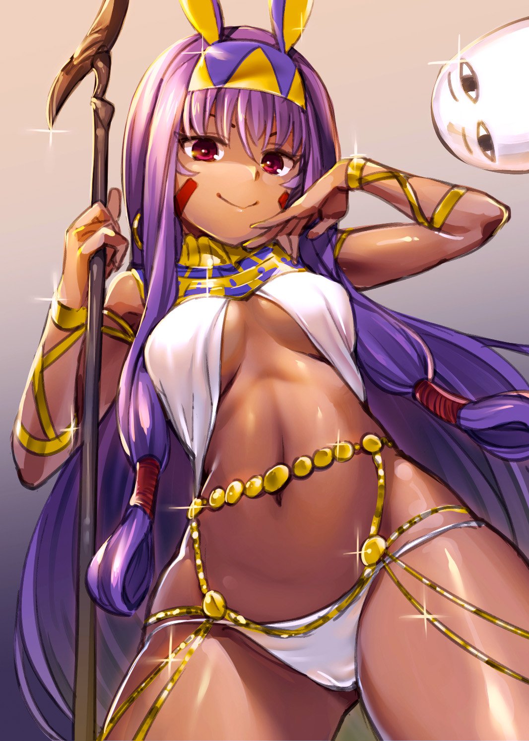 1girl akanagi_youto animal_ears arm_up bangle bangs bare_shoulders bracelet breasts closed_mouth commentary_request dark_skin earrings egyptian_clothes facepaint from_below glint gradient gradient_background hair_tubes hairband highres holding holding_staff jewelry legs_apart long_hair looking_at_viewer looking_down medium_breasts medjed navel panties purple_background purple_hair rabbit_ears shiny shiny_skin sidelocks smile solo_focus staff standing stomach two-tone_hairband under_boob underwear very_long_hair violet_eyes white_panties