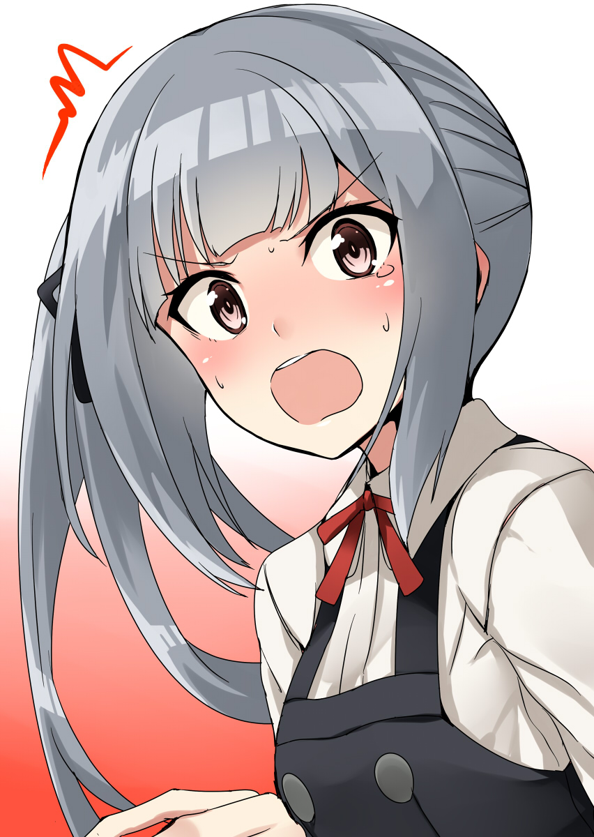 /\/\/\ 1girl :o artist_name bangs black_dress blush brown_eyes commentary_request dated dress eyebrows_visible_through_hair gradient gradient_background grey_hair highres kamelie kantai_collection kasumi_(kantai_collection) long_hair long_sleeves neck_ribbon open_mouth pinafore_dress red_background red_ribbon remodel_(kantai_collection) ribbon shirt side_ponytail sidelocks solo sweat sweatdrop tearing_up teeth v-shaped_eyebrows white_shirt