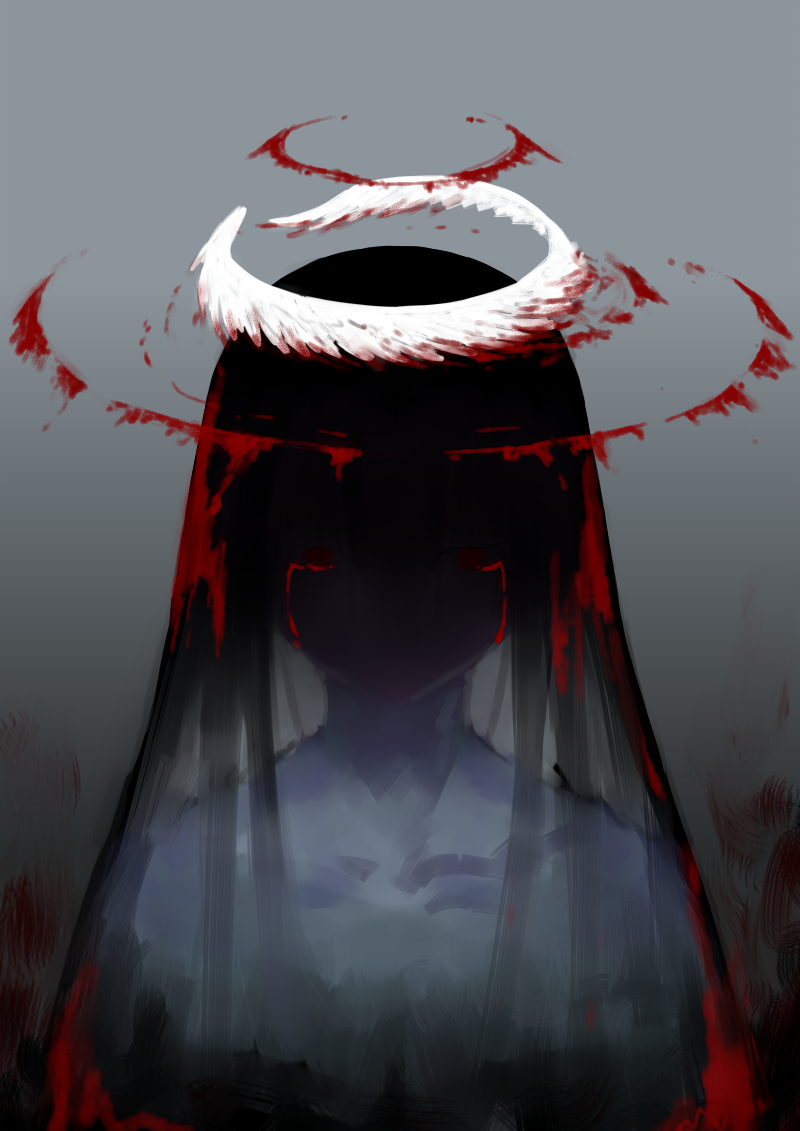 1girl black_hair blood bloody_tears commentary covered_face facing_viewer grey_background halo jaco long_hair original shaded_face solo