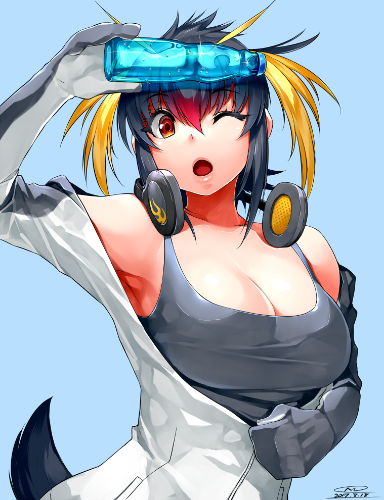 1girl 2017 ;o armpits bare_shoulders black_hair black_shirt blonde_hair blue_background bottle bottle_to_forehead breasts cleavage dated eyebrows_visible_through_hair hair_between_eyes happa_(cloverppd) headphones jacket kemono_friends large_breasts multicolored_hair object_on_head one_eye_closed open_clothes open_jacket orange_hair penguin_tail ramune redhead rockhopper_penguin_(kemono_friends) shirt short_hair signature solo upper_body white_jacket zipper