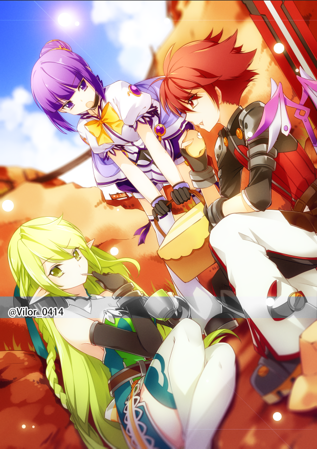 aisha_(elsword) anklet black_gloves bow bowtie clouds cloudy_sky day dutch_angle eating elbow_gloves elsword elsword_(character) eyebrows_visible_through_hair fingerless_gloves gloves green_eyes green_hair hair_between_eyes jewelry leaning_forward long_hair looking_at_viewer outdoors ponytail purple_hair purple_ribbon red_eyes redhead rena_(elsword) ribbon ribbon-trimmed_thighhighs short_sleeves sitting sky spiky_hair sun thigh-highs very_long_hair vilor violet_eyes white_gloves white_legwear yellow_bow yellow_bowtie