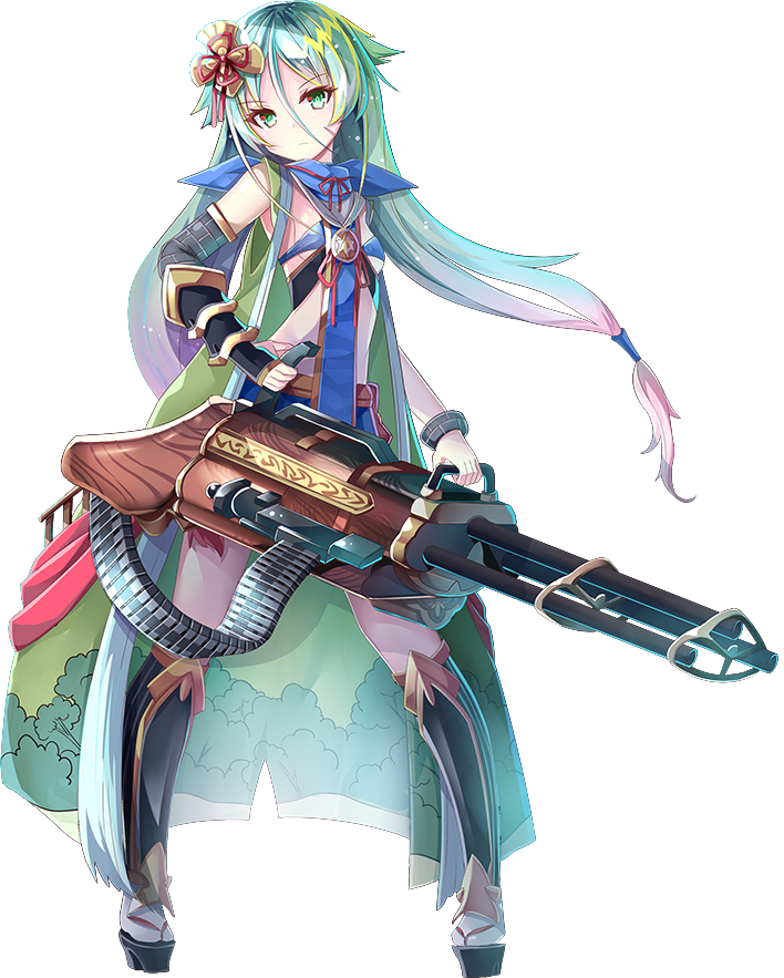 1girl artist_request breasts elbow_gloves eyebrows_visible_through_hair full_body gloves green_eyes green_hair gun hair_ornament holding holding_gun holding_weapon looking_at_viewer low_twintails nagashino_(oshiro_project) official_art oshiro_project oshiro_project_re single_glove sleeveless small_breasts transparent_background twintails weapon
