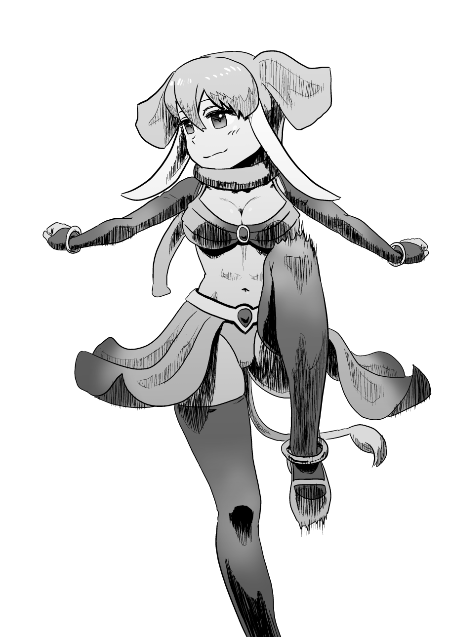 1girl animal_ears bikini breasts cleavage clenched_hands cowboy_shot dancing detached_sleeves elephant_ears elephant_tail greyscale highres indian_elephant_(kemono_friends) kemono_friends kishida_shiki knee_up long_hair looking_to_the_side monochrome navel outstretched_arms scarf simple_background smile solo spread_arms stomach swimsuit tail thigh-highs white_background