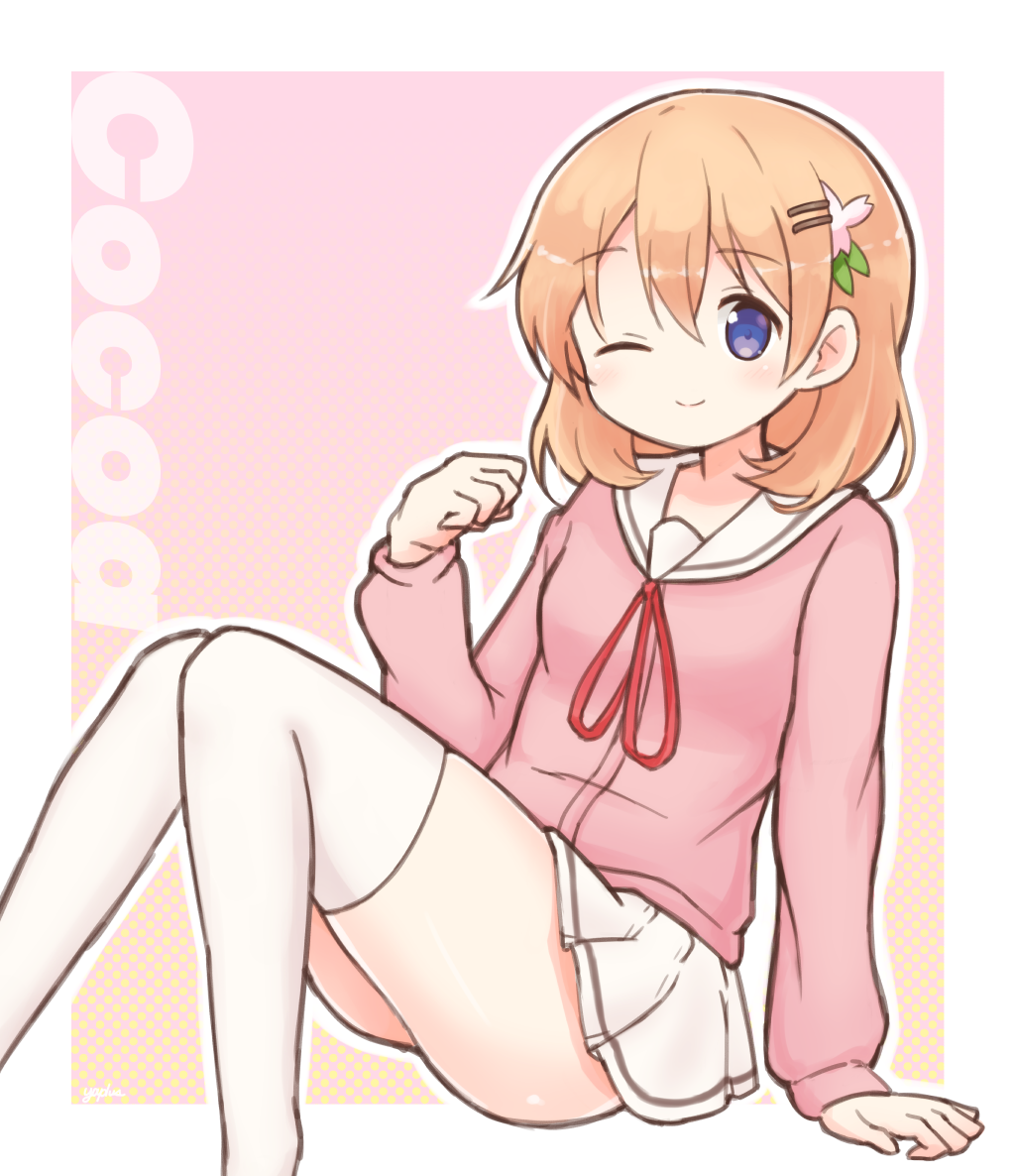 1girl ;) bangs blouse blush breasts character_name closed_mouth commentary_request eyebrows_visible_through_hair gochuumon_wa_usagi_desu_ka? hair_between_eyes hair_ornament hairclip hoto_cocoa long_sleeves looking_at_viewer neck_ribbon one_eye_closed orange_hair outline pink_background pink_blouse pleated_skirt polka_dot polka_dot_background red_ribbon ribbon sailor_collar school_uniform serafuku short_hair sitting skirt small_breasts smile solo thigh-highs thighs violet_eyes white_border white_legwear white_outline white_sailor_collar white_skirt yaplus