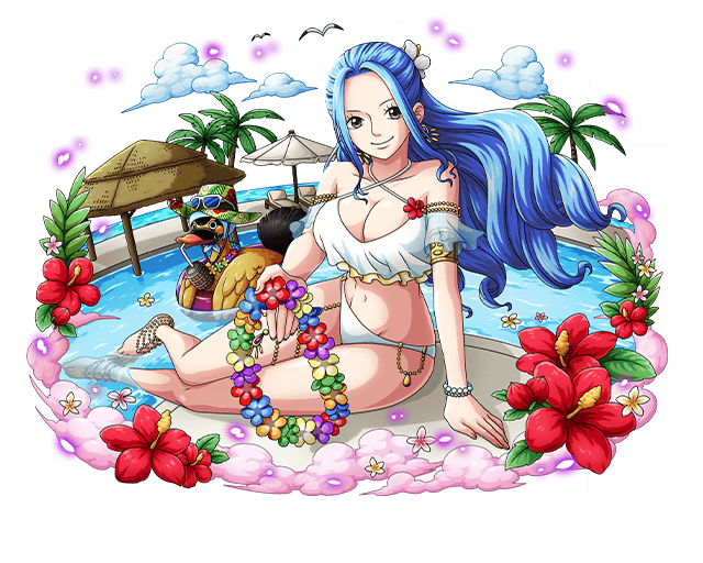 1girl anklet arm_support armlet barefoot bikini bird blue_hair bracelet breasts brown_eyes cleavage coller floating_hair flower groin hair_flower hair_ornament halterneck hibiscus jewelry large_breasts long_hair looking_at_viewer navel nefertari_vivi one_piece pool red_flower smile soaking_feet solo sunglasses sunglasses_on_head swimsuit transparent_background very_long_hair white_bikini white_flower