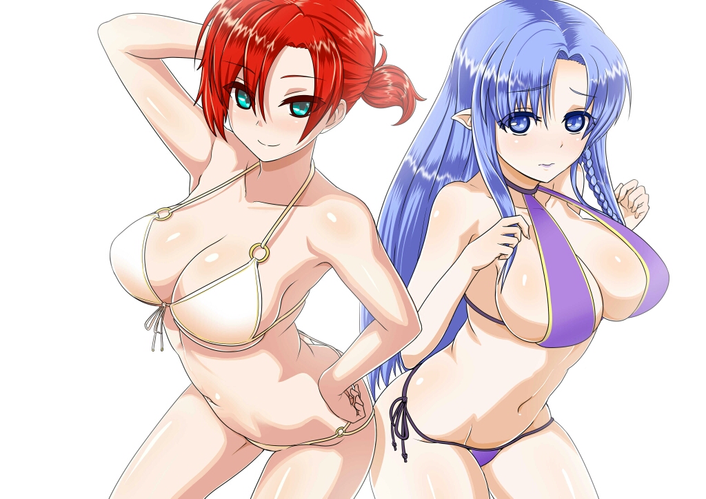 2girls bikini blue_eyes blue_hair blush boudica_(fate/grand_order) braid breasts caster cleavage cowboy_shot fate/grand_order fate/stay_night fate_(series) green_eyes large_breasts long_hair looking_at_viewer multiple_girls navel pointy_ears ponytail redhead robisonjr short_hair side_braid smile solo swimsuit