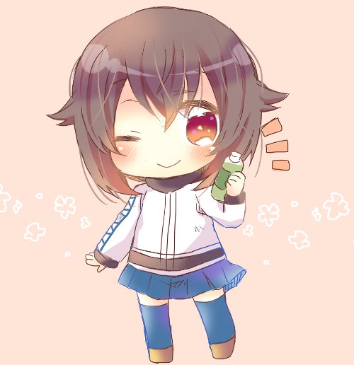 10s 1girl black_hair blue_skirt bottle chibi full_body hayasui_(kantai_collection) jacket kantai_collection kouu_hiyoyo no_nose one_eye_closed pink_background pleated_skirt red_eyes short_hair simple_background skirt smile solo standing track_jacket