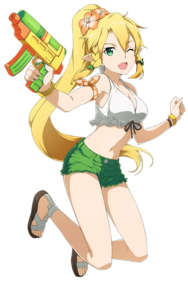 1girl blonde_hair bracelet braid feet flower full_body green_eyes gun hair_flower hair_ornament holding holding_gun holding_weapon jewelry leafa long_hair looking_at_viewer midriff navel official_art one_eye_closed open_mouth sandals short_hair side_braid simple_background solo sword_art_online toes twin_braids water_gun weapon white_background