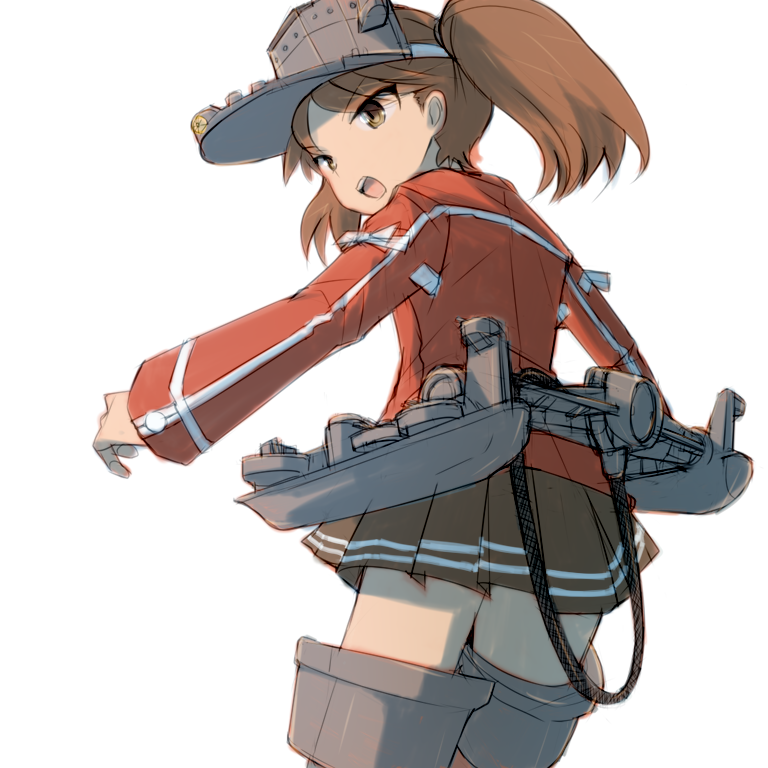 10s 1girl alchera brown_eyes brown_hair from_behind japanese_clothes kantai_collection kariginu looking_back machinery miniskirt open_mouth pleated_skirt ribbon-trimmed_sleeves ribbon_trim ryuujou_(kantai_collection) skirt solo twintails visor_cap