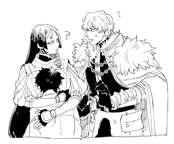 10s 1girl 2boys ? cape fate/extra fate/grand_order fate_(series) flying_sweatdrops fujimaru_ritsuka_(male) fur_trim gawain_(fate/extra) gloves greyscale hug long_hair looking_at_another minamoto_no_raikou_(fate/grand_order) monochrome multiple_boys open_mouth simple_background smile white_background