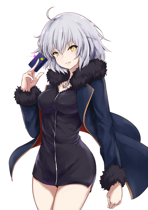 1girl black_dress cowboy_shot credit_card dress fate/grand_order fate_(series) fur_trim jacket jeanne_alter looking_at_viewer open_clothes open_jacket parted_lips ruler_(fate/apocrypha) shiunnkaku short_dress short_hair silver_hair solo yellow_eyes