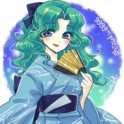 aqua_hair bishoujo_senshi_sailor_moon blue_eyes bow fan green_hair japanese_clothes kaiou_michiru kimono lowres shirataki_kaiseki