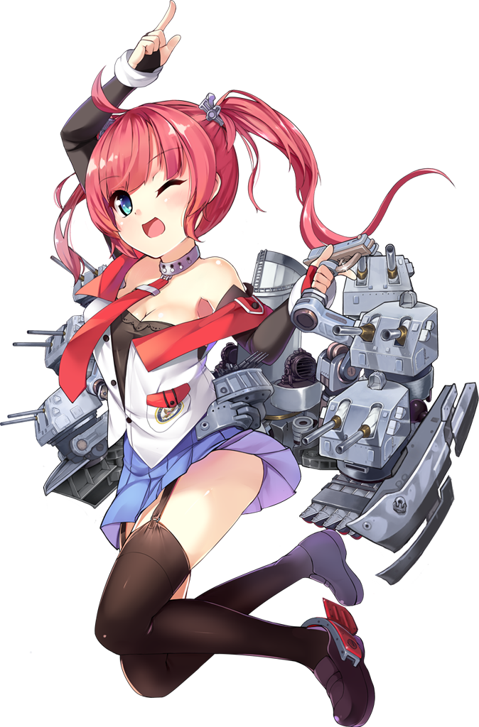 1girl arm_up azur_lane black_legwear blue_eyes breasts cannons cleavage detached_sleeves garter_belt gun medium_breasts necktie official_art one_eye_closed open_mouth redhead rigging san_diego_(azur_lane) searchlight solo thigh-highs torpedo_tubes transparent_background trigger_discipline twintails weapon