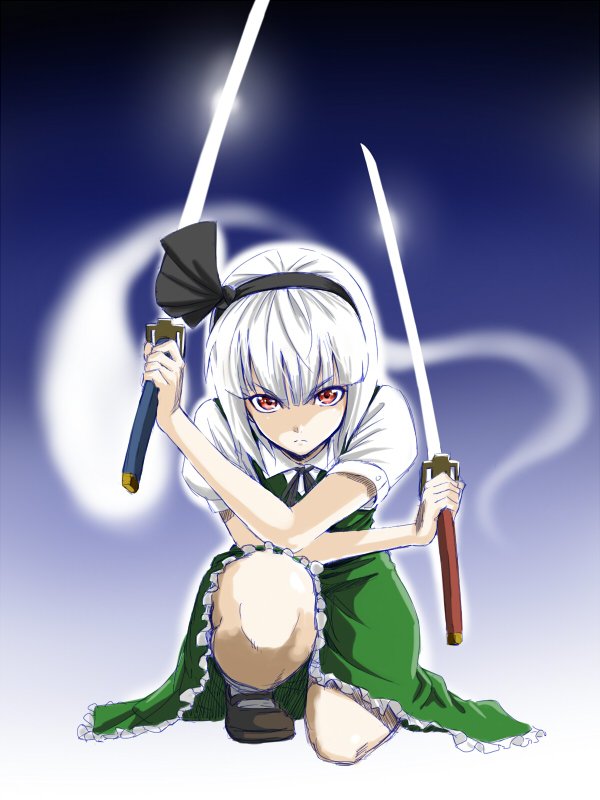 &gt;:( 1girl bangs closed_mouth dual_wielding full_body green_skirt green_vest hair_ribbon hairband holding holding_sword holding_weapon katana kneeling konpaku_youmu konpaku_youmu_(ghost) looking_at_viewer mary_janes oku_hideki puffy_short_sleeves puffy_sleeves red_eyes ribbon shirt shoes short_hair short_sleeves skirt skirt_set solo sword touhou vest weapon white_hair white_shirt