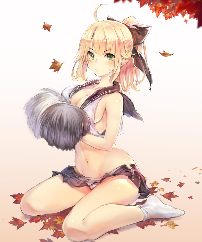 1girl 3: ahoge alternate_breast_size artoria_pendragon_(all) bow breasts cleavage closed_mouth crop_top eyebrows_visible_through_hair fate/grand_order fate_(series) gradient gradient_background hair_bow khanshin large_breasts leaf legs_folded looking_at_viewer maple_leaf microskirt midriff miniskirt navel open_fly pleated_skirt pom_poms ponytail saber saber_lily sailor_collar sailor_shirt shirt sideboob simple_background sitting skirt socks solo sweatdrop unzipped wariza white_legwear