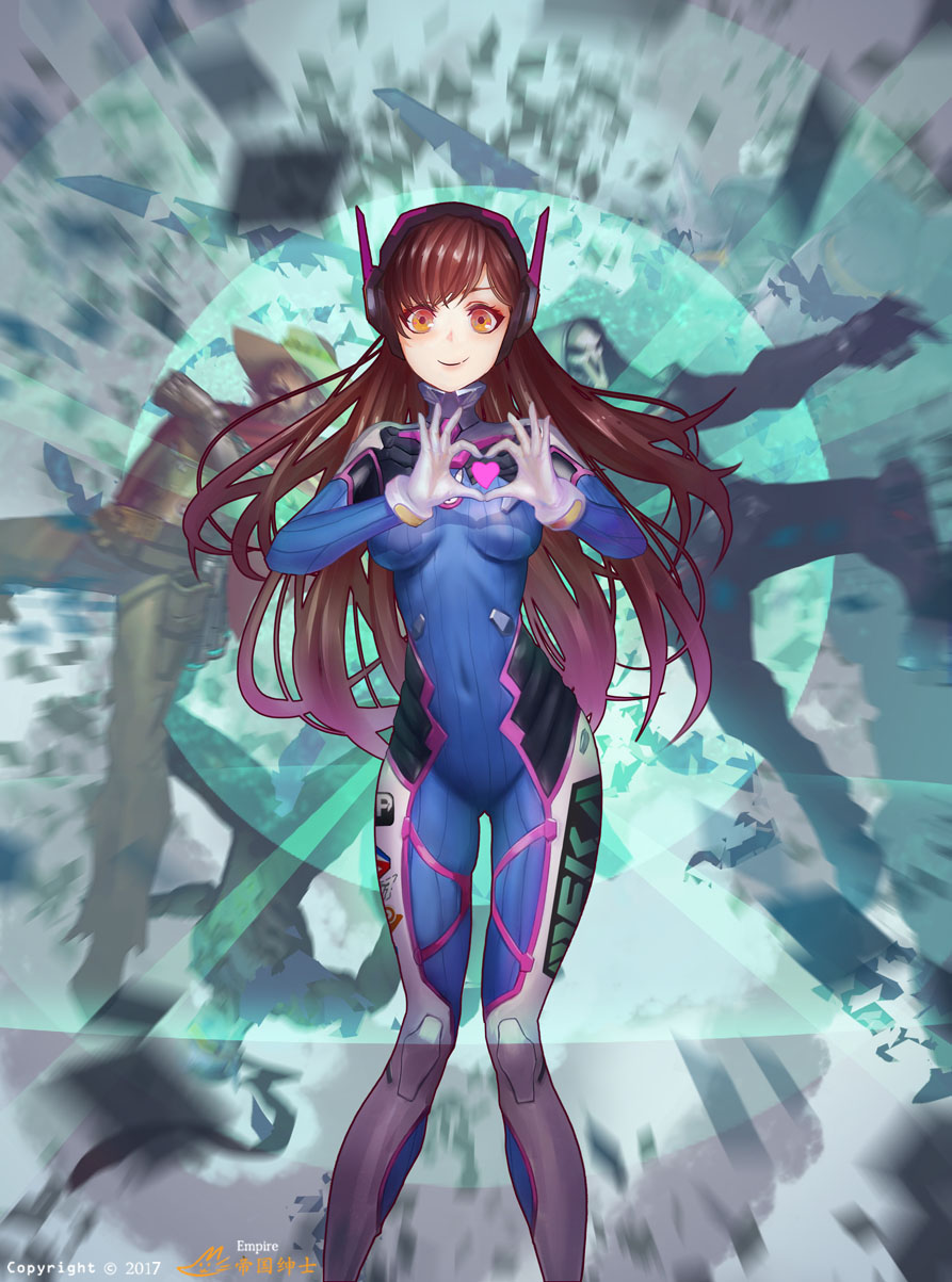 1girl 2017 2boys acronym animal_print artist_name bangs beard belt blue_bodysuit bodysuit boots bracer breasts breasts_apart brown_eyes brown_hair bunny_print cape chaps cigar closed_mouth d.va_(overwatch) dated emblem eyelashes facepaint facial_hair facial_mark gloves hands_up hat headphones heart heart_hands highres hood hooded_jacket jacket knee_pads legs_apart logo long_hair looking_at_viewer mask mccree_(overwatch) mechanical_arm medium_breasts multiple_boys overwatch pants pauldrons pilot_suit pink_lips reaper_(overwatch) shogakusei_aki short_hair shoulder_pads skin_tight skindentation skull_mask smile standing thigh-highs thigh_boots thigh_strap trench_coat turtleneck whisker_markings white_boots white_gloves