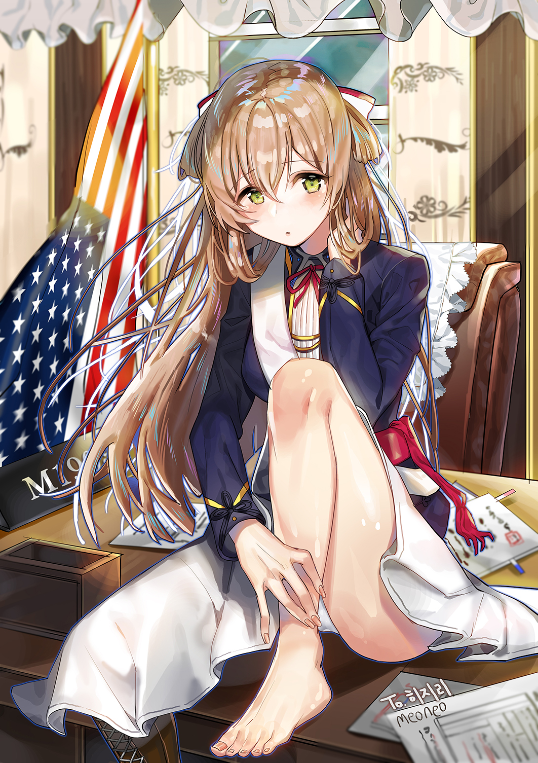 1girl :o american_flag bangs boots brown_hair character_name dress eyebrows_visible_through_hair flag flush girls_frontline gloves gloves_removed green_eyes hair_between_eyes hand_in_hair hand_up highres indoors jacket leaning_forward leg_up lips long_hair looking_at_viewer m1903_springfield_(girls_frontline) meoneo military military_uniform nail_polish open_clothes open_jacket shoes_removed sitting solo sparkle uniform white_background white_dress