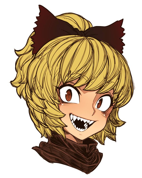 1girl blonde_hair bow brown_bow brown_eyes face kurodani_yamame open_mouth sharp_teeth short_hair smile space_jin teeth touhou