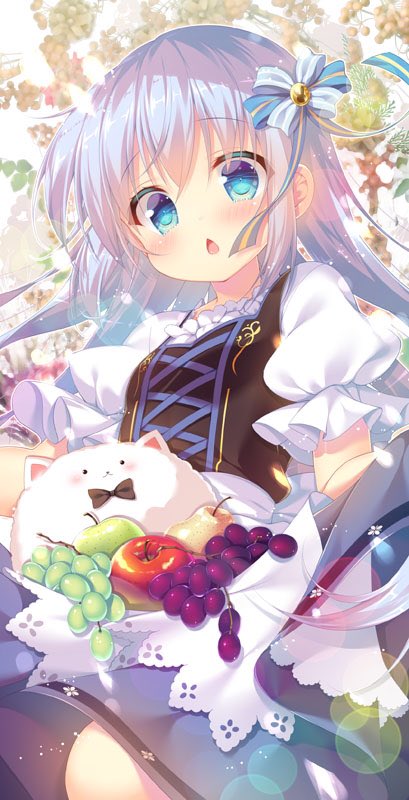 1girl :o angora_rabbit apple apron bangs black_bow black_neckwear blue_eyes blush bow bowtie chestnut_mouth commentary_request cross-laced_clothes dress food frilled_sleeves frills fruit gochuumon_wa_usagi_desu_ka? grapes hair_ribbon kafuu_chino lavender_hair long_hair looking_at_viewer mitsumomo_mamu pear rabbit ribbon short_sleeves skirt_basket tippy_(gochiusa) waist_apron