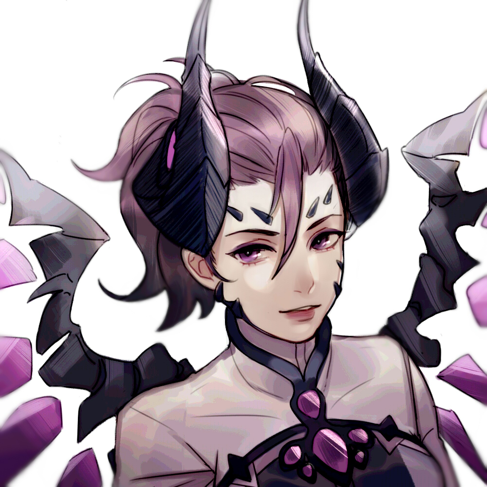 1girl crystal devil_mercy ez_1011 gem hair_between_eyes horns lips lipstick looking_at_viewer makeup medium_hair mercy_(overwatch) overwatch parted_lips ponytail purple_hair red_lipstick shirt simple_background smile solo violet_eyes white_background white_shirt wings