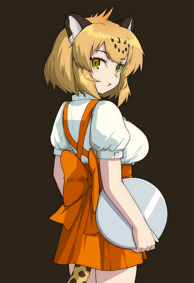 1girl alternate_costume animal_ears anna_miller blonde_hair blush breasts iwahana jaguar_(kemono_friends) jaguar_ears jaguar_tail kemono_friends large_breasts looking_at_viewer looking_back open_mouth orange_skirt short_hair short_sleeves simple_background skirt solo tail tray waitress