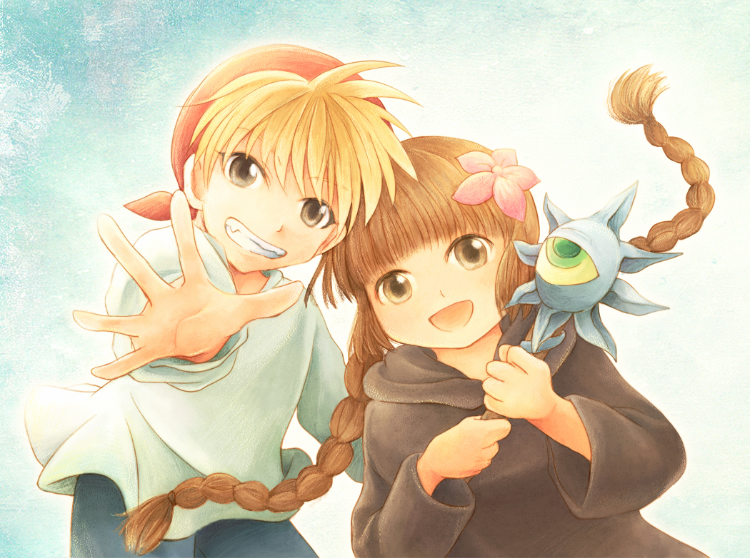 1boy 1girl :d bandanna black_robe blonde_hair braid brown_hair grin holding holding_staff hood hood_down kukuri long_hair looking_at_viewer mahoujin_guruguru nike_(mahoujin_guruguru) ohisama_(kishu) open_mouth outstretched_hand smile staff very_long_hair