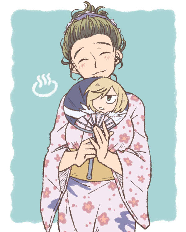 1girl ^_^ blonde_hair brown_hair closed_eyes fan japanese_clothes katsuki_mari kimono multicolored_hair onsen_symbol paper_fan smile snowchild two-tone_hair uchiwa yukata yuri!!!_on_ice yuri_plisetsky