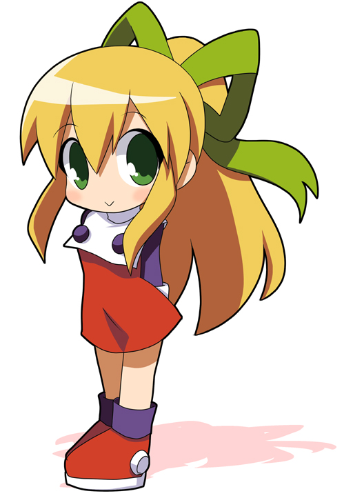 1girl :&gt; arms_behind_back bangs blonde_hair blue_shirt blush chibi closed_mouth commentary_request dress eyebrows_visible_through_hair full_body green_eyes green_ribbon hair_between_eyes hair_ribbon long_sleeves looking_at_viewer osaragi_mitama ponytail red_dress red_shoes ribbon rockman rockman_(classic) roll shadow shirt shoes sidelocks smile solo standing turtleneck turtleneck_dress undershirt white_background