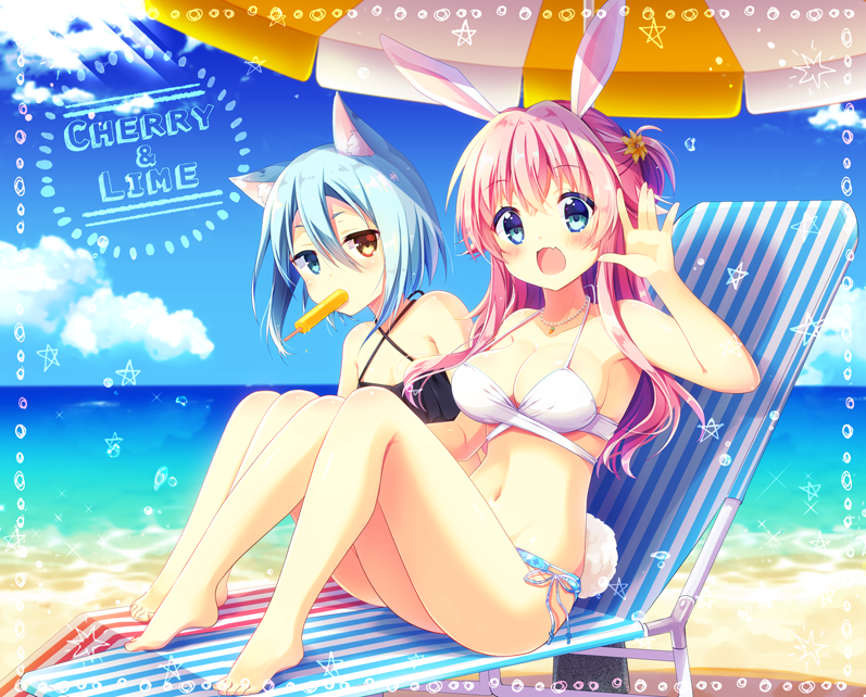 2girls :3 :d animal_ears aoi_yun arm_up bangs bare_arms bare_legs bare_shoulders barefoot beach beach_chair beach_umbrella bikini black_bikini_top blue_bikini_bottom blue_eyes blue_hair blue_sky blush breasts brown_eyes bunny_girl bunny_tail cat_ears cleavage clouds collarbone commentary_request criss-cross_halter day eyebrows_visible_through_hair fang flat_chest flower food food_in_mouth hair_between_eyes hair_flower hair_ornament halter_top halterneck head_tilt heterochromia horizon jewelry large_breasts long_hair looking_at_viewer mouth_hold multiple_girls navel necklace ocean open_mouth original outdoors pink_hair popsicle rabbit_ears sand shade side-tie_bikini sky smile star striped swimsuit tail tareme umbrella waving white_bikini_top