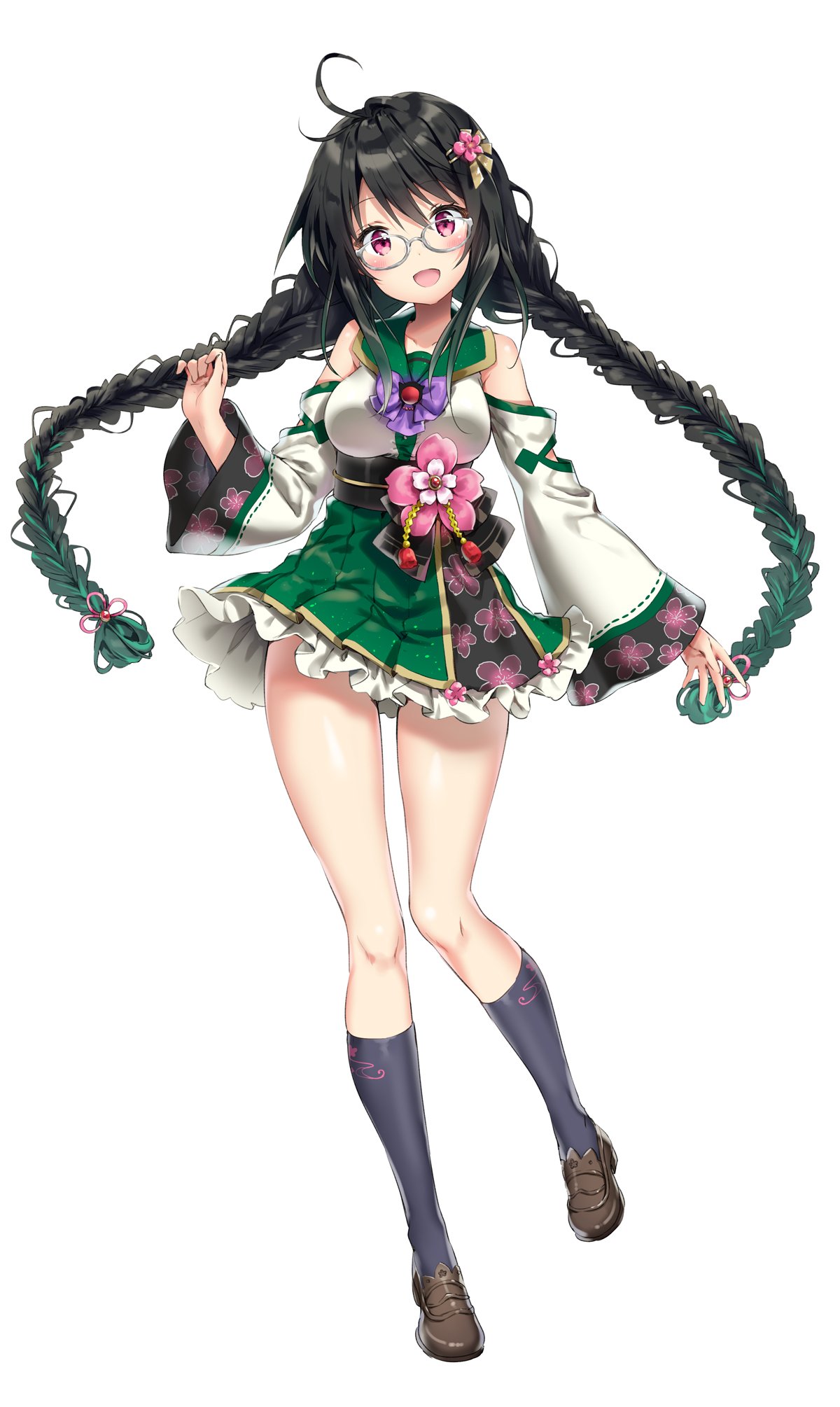 1girl bangs bare_shoulders black_hair black_legwear blush braid breasts collarbone commentary detached_sleeves eyebrows_visible_through_hair floral_print frills full_body glasses green_hair hair_ornament head_tilt highres japanese_clothes loafers looking_at_viewer medium_breasts multicolored_hair obi official_art onsen_musume open_mouth riichu sash shoes simple_background skirt smile solo standing twin_braids twintails violet_eyes white_background wide_sleeves