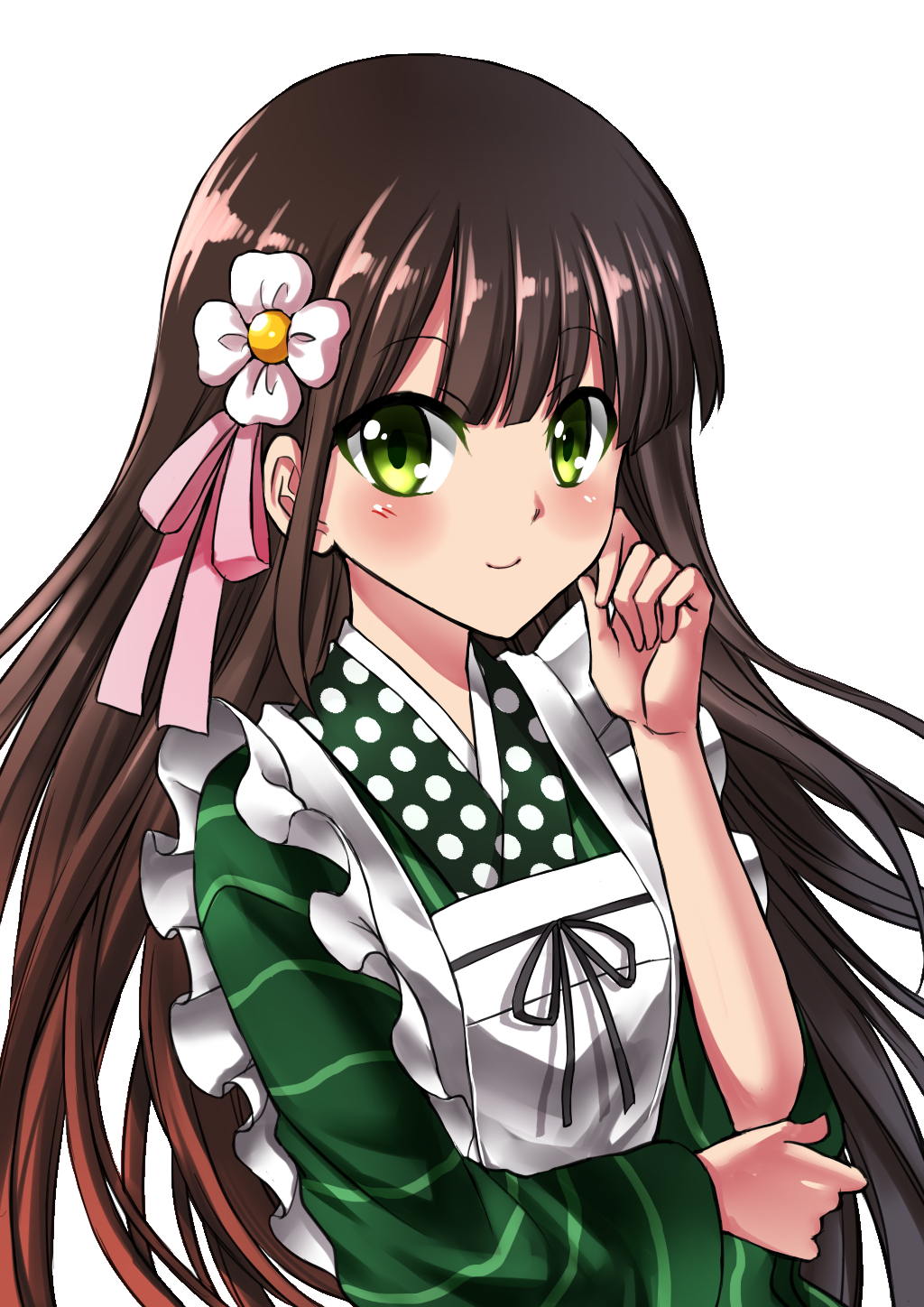 1girl ama_usa_an_uniform apron bangs blunt_bangs blush breasts brown_hair closed_mouth eyebrows_visible_through_hair flower gochuumon_wa_usagi_desu_ka? green_eyes green_kimono hair_flower hair_ornament hand_on_own_cheek highres japanese_clothes kaikai kimono long_hair long_sleeves looking_at_viewer maid_apron pink_ribbon polka_dot_trim ribbon simple_background small_breasts smile solo striped striped_kimono ujimatsu_chiya upper_body white_apron white_background white_flower wide_sleeves