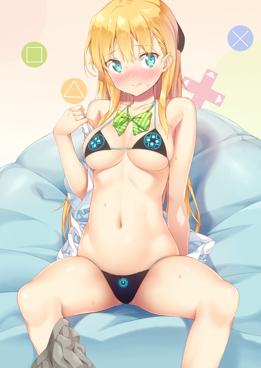 1girl aqua_eyes bikini black_bikini blonde_hair blush bow bowtie breasts closed_mouth embarrassed gamers! halterneck highres ichi_makoto long_hair medium_breasts navel off_shoulder sidelocks sitting skirt skirt_around_one_leg smile solo string_bikini sweat swimsuit tendou_karen undressing