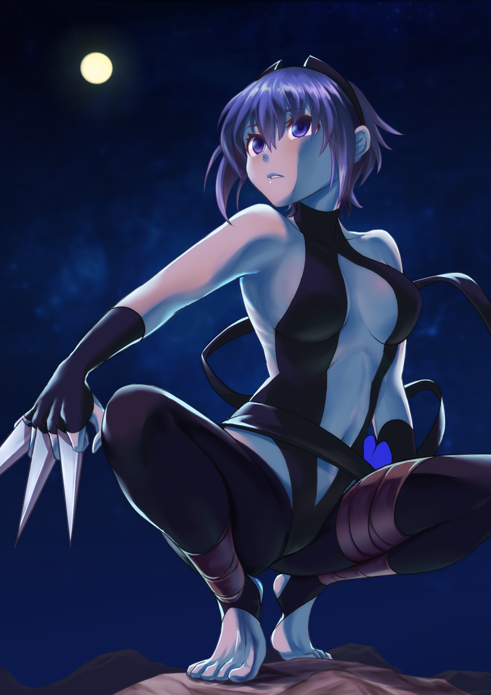 1girl assassin_(fate/prototype_fragments) bare_shoulders black_gloves breasts dark_skin fate/prototype fate/prototype:_fragments_of_blue_and_silver fate_(series) fingerless_gloves full_moon gloves hairband highres knife looking_up medium_breasts moon night parted_lips purple_hair short_hair solo spread_legs squatting toeless_legwear toes urayama_(backmountain) violet_eyes