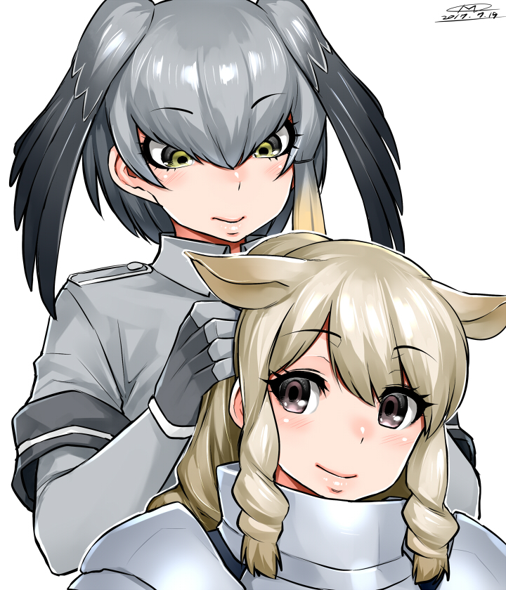 2017 2girls armor black_hair blonde_hair brown_eyes collared_shirt dated drill_hair extra_ears eyebrows_visible_through_hair gloves gradient_hair green_eyes grey_gloves grey_hair grey_shirt hand_in_hair happa_(cloverppd) head_wings kemono_friends multicolored_hair multiple_girls ponytail rhinoceros_ears shirt shoebill_(kemono_friends) short_sleeves signature smile twin_drills white_background white_rhinoceros_(kemono_friends)