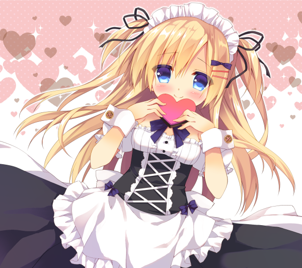 1girl apron black_ribbon black_skirt blonde_hair blue_eyes blush bow breasts closed_mouth commentary_request dutch_angle eyebrows_visible_through_hair frilled_apron frilled_shirt frills gift hair_between_eyes hair_bow hair_ornament hair_ribbon hairclip heart heart-shaped_box holding holding_gift long_hair looking_at_viewer maid maid_headdress original puffy_short_sleeves puffy_sleeves purinko purple_bow ribbon shirt short_sleeves skirt small_breasts smile solo sparkle two_side_up underbust valentine very_long_hair waist_apron white_apron white_background white_shirt wrist_cuffs