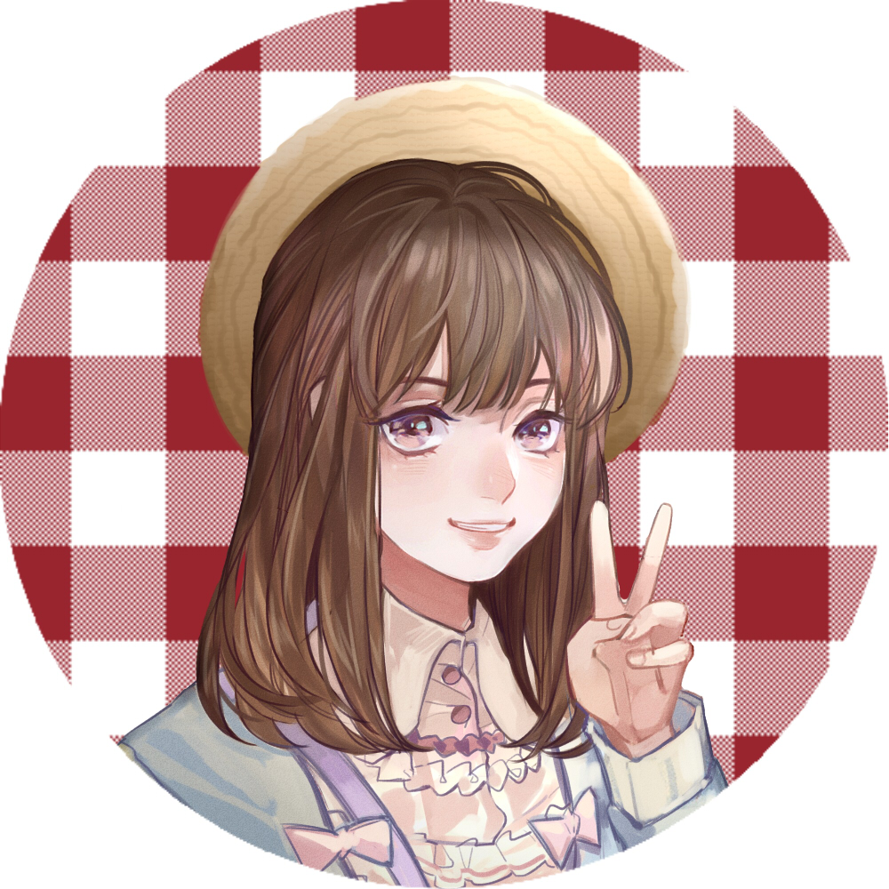 1girl bangs blue_jacket brown_hair checkered checkered_background dress ez_1011 hat jacket long_hair long_sleeves looking_at_viewer parted_lips portrait red_background smile solo straw_hat v violet_eyes white_dress