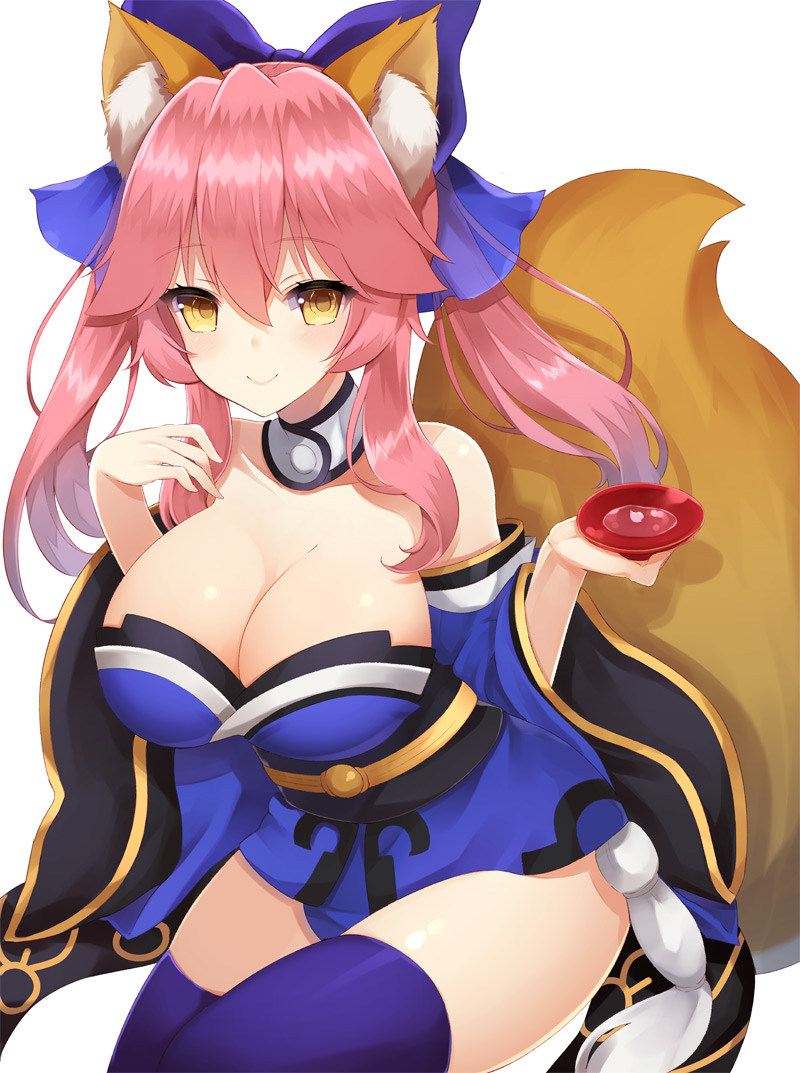 10s 1girl :&gt; animal_ears bangs bare_shoulders blue_kimono blue_legwear blush breasts cleavage closed_mouth cup eyebrows_visible_through_hair fate/extra fate_(series) fox_ears fox_tail hands_up holding holding_cup japanese_clothes kimono large_breasts long_hair looking_at_viewer pink_hair simple_background sitting smile solo tail tamamo_(fate)_(all) tamamo_no_mae_(fate) thigh-highs tsurime twintails white_background yellow_eyes yuzu-aki