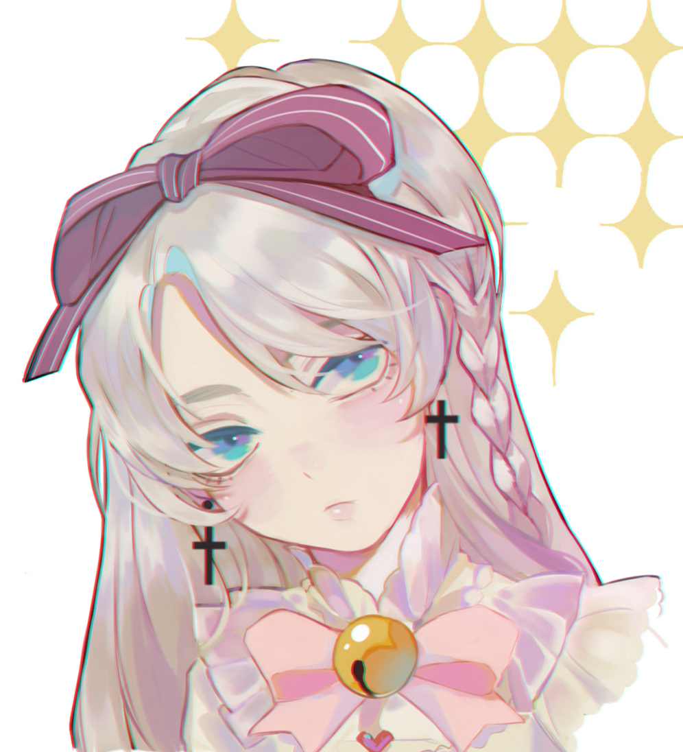 1girl bell blue_eyes blush bow closed_mouth commentary cross cross_earrings dress earrings ez_1011 frilled_dress frills grey_hair hair_bow head_tilt jewelry jingle_bell long_hair looking_at_viewer purple_bow solo white_dress