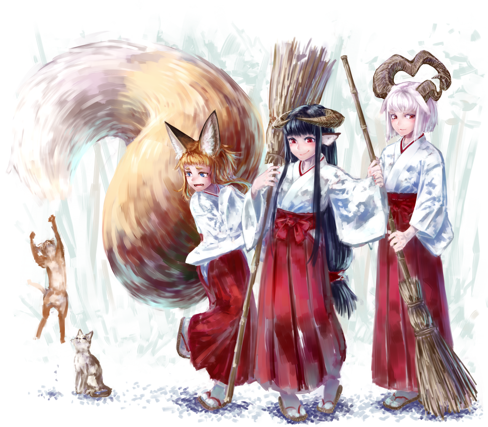 3girls animal_ears bangs blue_eyes broom cat eyebrows fang fox_ears fox_tail hakama holding holding_broom horned_girl_(jaco) horns jaco japanese_clothes kimono large_tail long_sleeves looking_to_the_side miko multiple_girls nail_polish orange_hair original parted_lips red_eyes red_hakama red_nails sandals short_hair slit_pupils smile standing tabi tail tears thick_eyebrows white_hair white_kimono white_legwear wide_sleeves