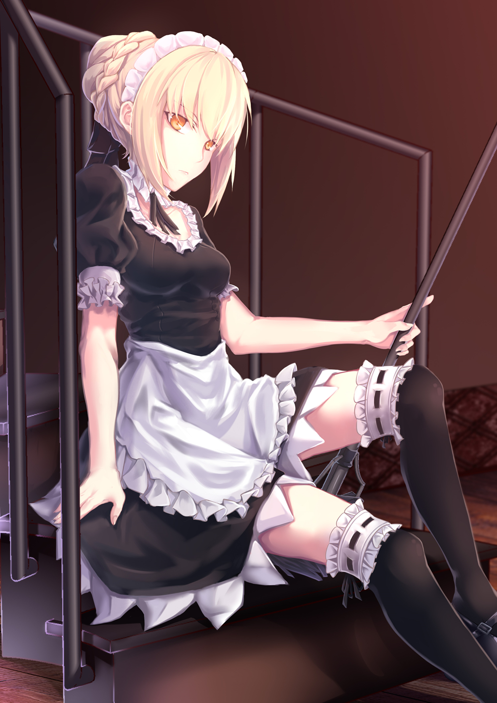 1girl apron artoria_pendragon_(all) black_dress black_legwear blonde_hair choker collarbon_e dress fate/hollow_ataraxia fate_(series) frilled_arpo garters highres holding indoors maid_headdress neck_ribbon orange_eyes ribbon saber_alter short_dress short_hair_with_long_locks short_sleeves sitting solo stairs thigh-highs white_apron zhixiang_zhi