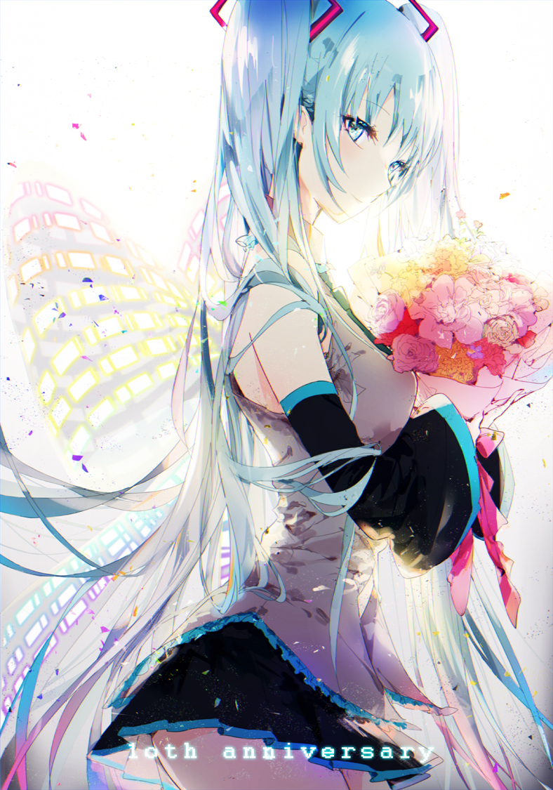 1girl anniversary backlighting bangs black_skirt blue_eyes blue_hair bouquet collared_shirt commentary_request cowboy_shot detached_sleeves eyebrows_visible_through_hair flower from_side glowing grey_shirt hands_up hatsune_miku holding holding_bouquet kinokohime light_smile long_hair looking_at_viewer pleated_skirt revision shirt sidelocks skirt sleeveless sleeveless_shirt smile solo twintails very_long_hair vocaloid wings