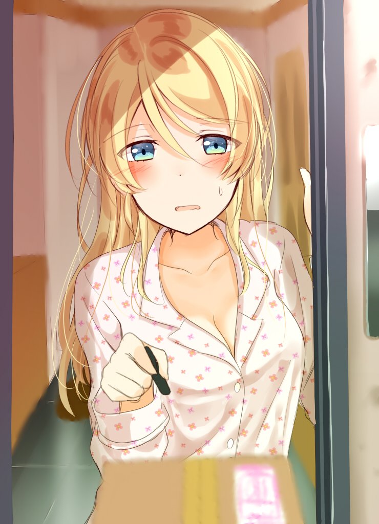 1girl ayase_eli blonde_hair blue_eyes blurry blush breasts cleavage collarbone commentary_request delivery depth_of_field doorway hair_between_eyes hair_down long_hair long_sleeves love_live! love_live!_school_idol_project mogu_(au1127) open_mouth package pajamas pov signing solo sweatdrop