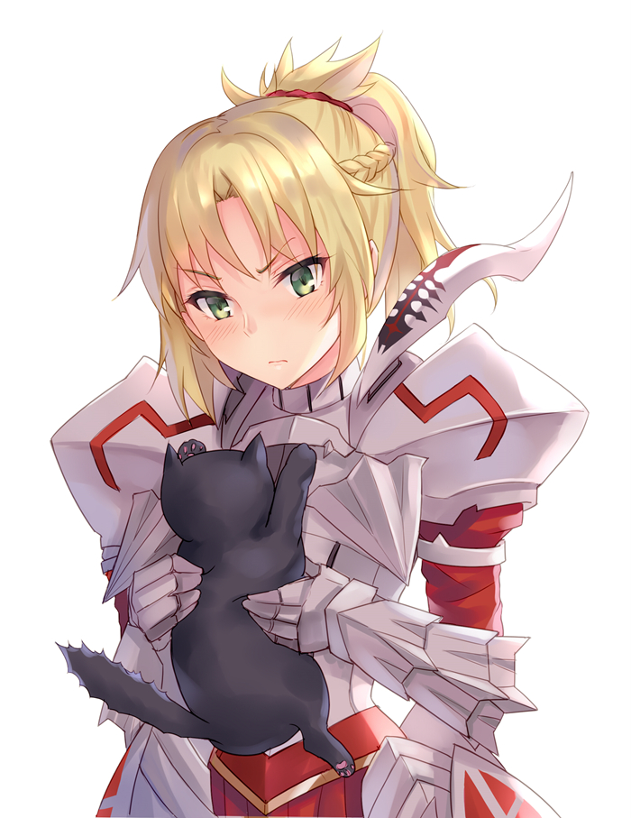 &gt;:( 1girl armor armored_dress black_cat blonde_hair blush braid cat closed_mouth fate/grand_order fate_(series) french_braid gauntlets green_eyes hair_ornament hair_scrunchie pauldrons ponytail saber_of_red scrunchie solo upper_body yuemanhuaikong